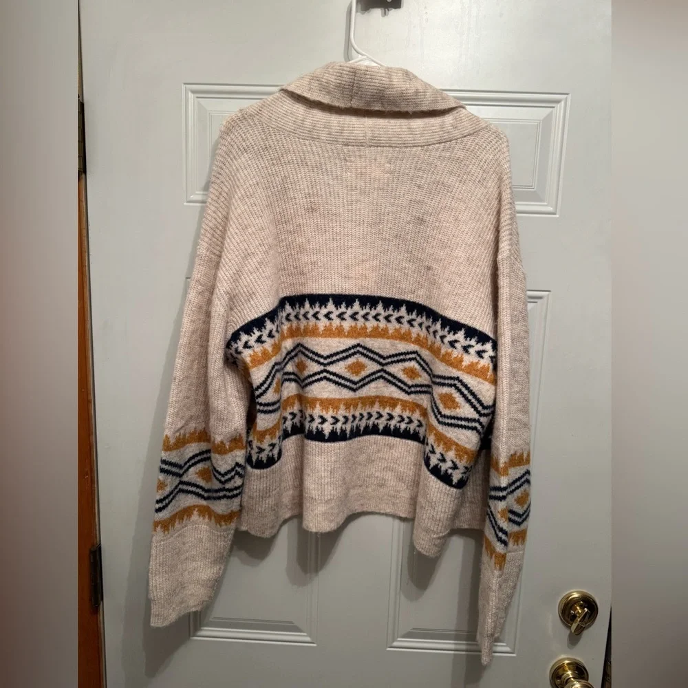 Lucky Brand NWT Shawl Open Cardigan Aztec Southwest Navy Gold Cream sz. Large - Picture 2 of 4